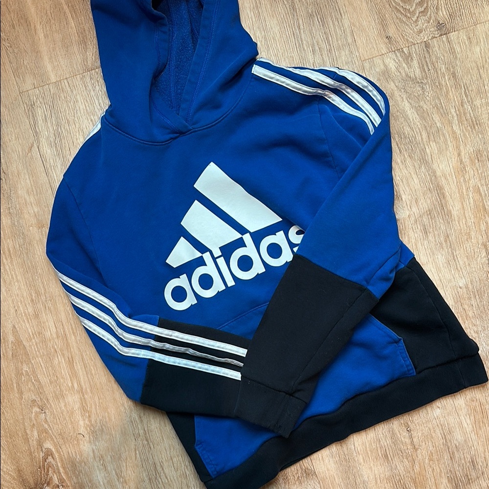 Adidas Blue and White Sweatshirt with Signature Stripes Youth Medium